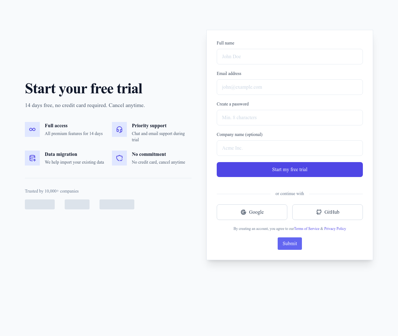 Screenshot of Free Trial Signup page template