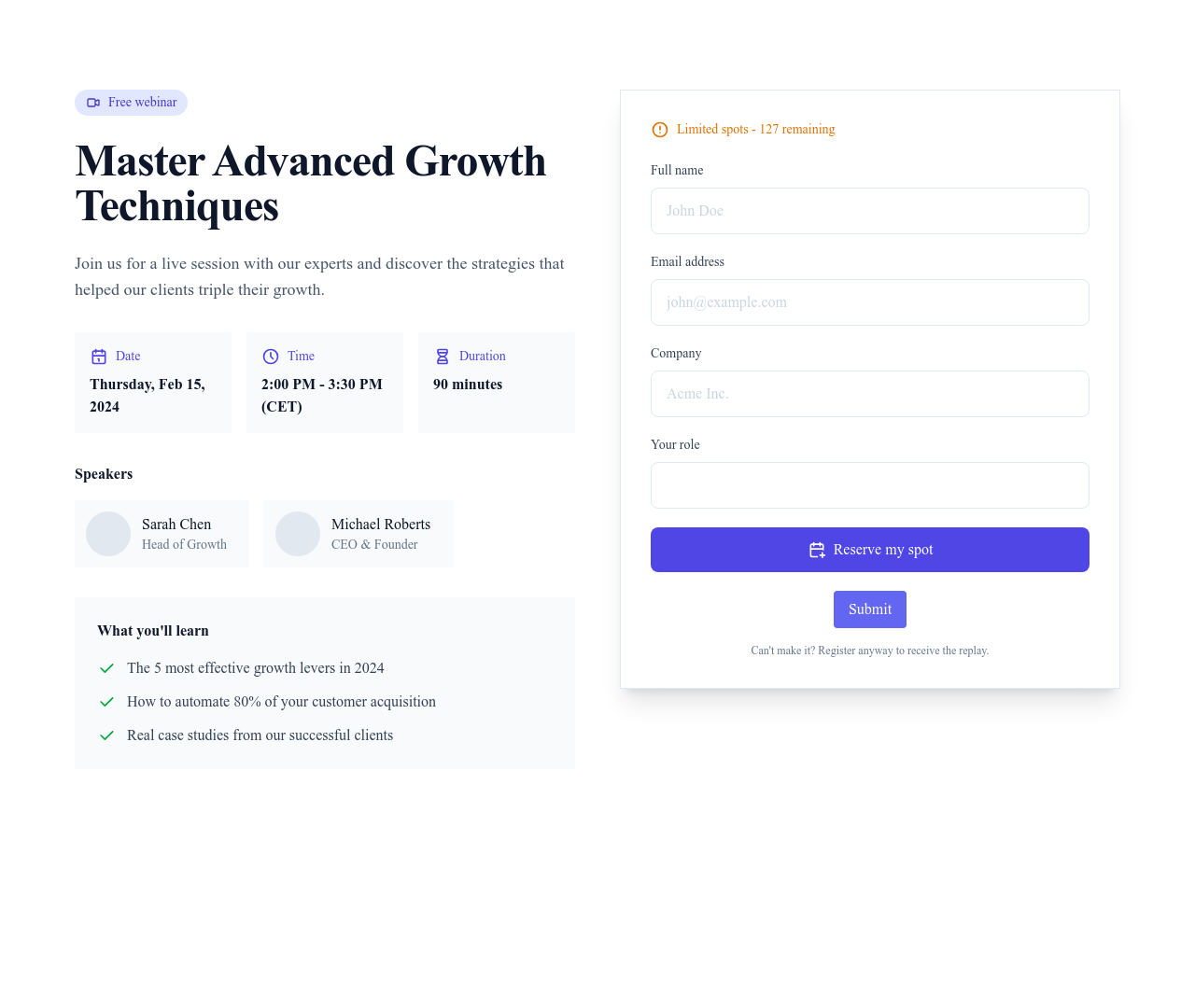 Screenshot of Webinar Registration page template