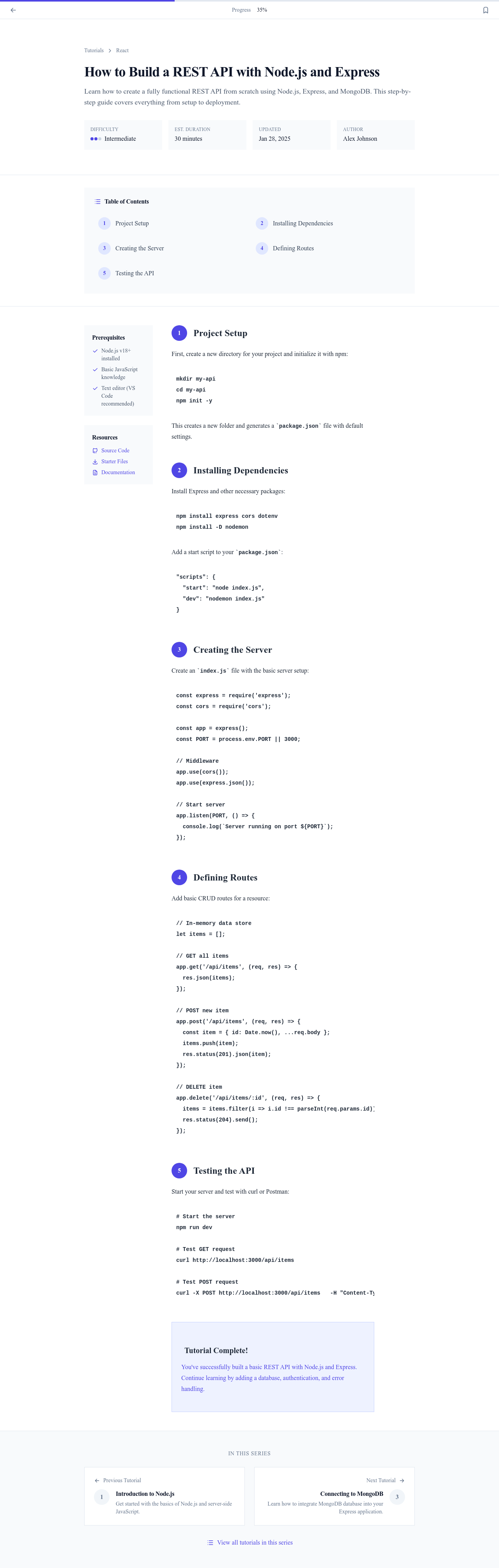 Screenshot of Tutorial Article page template
