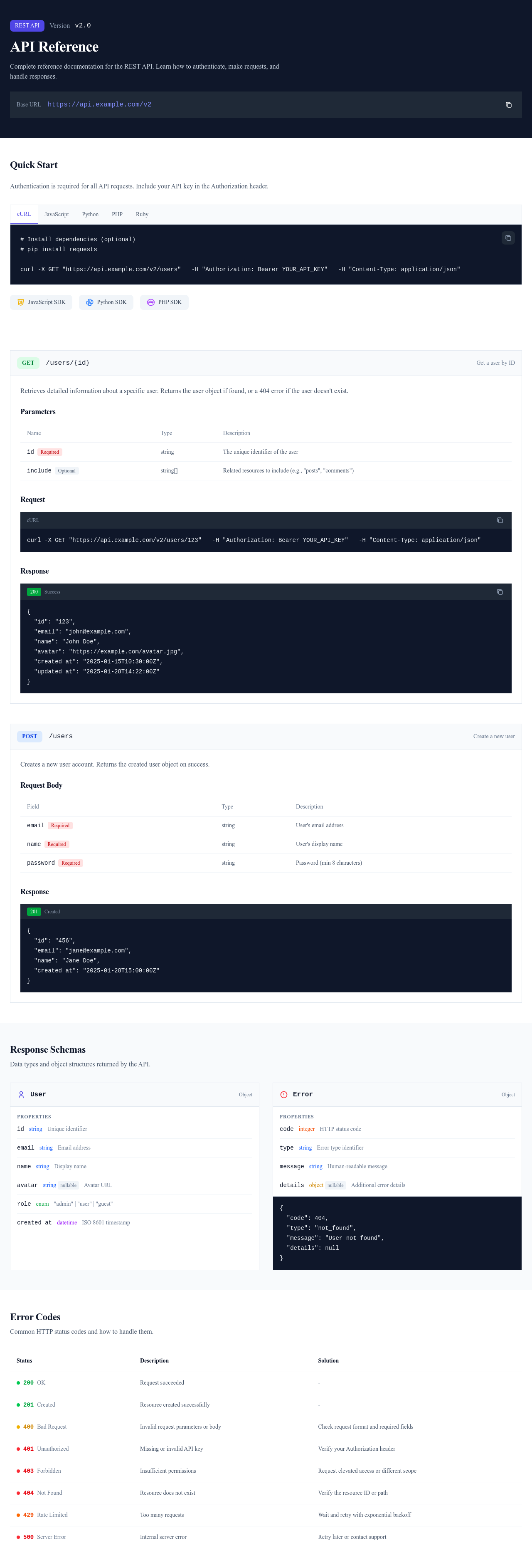 Screenshot of API Documentation page template