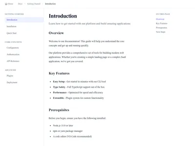 Screenshot of Documentation Page page template