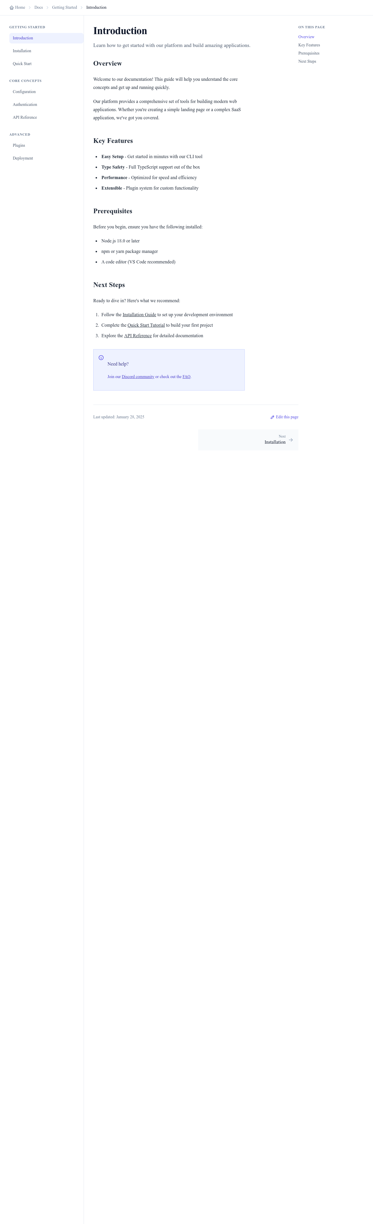 Screenshot of Documentation Page page template