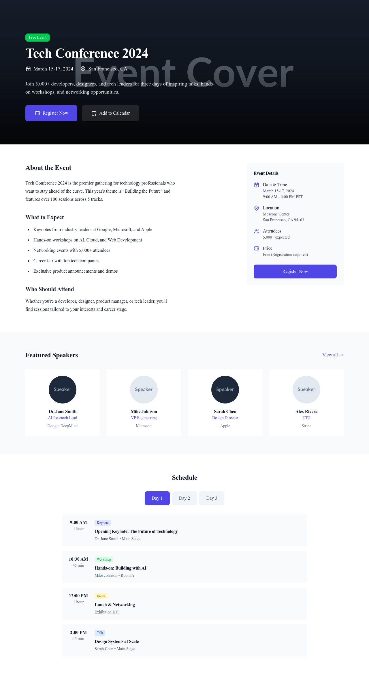 Screenshot of Event Page page template