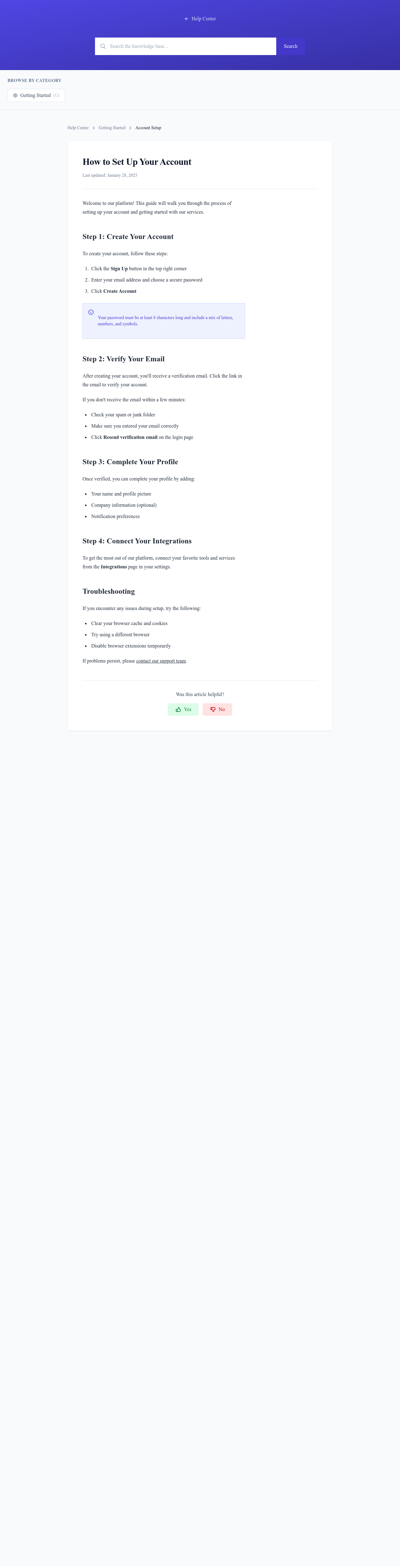 Screenshot of Knowledge Base Article page template