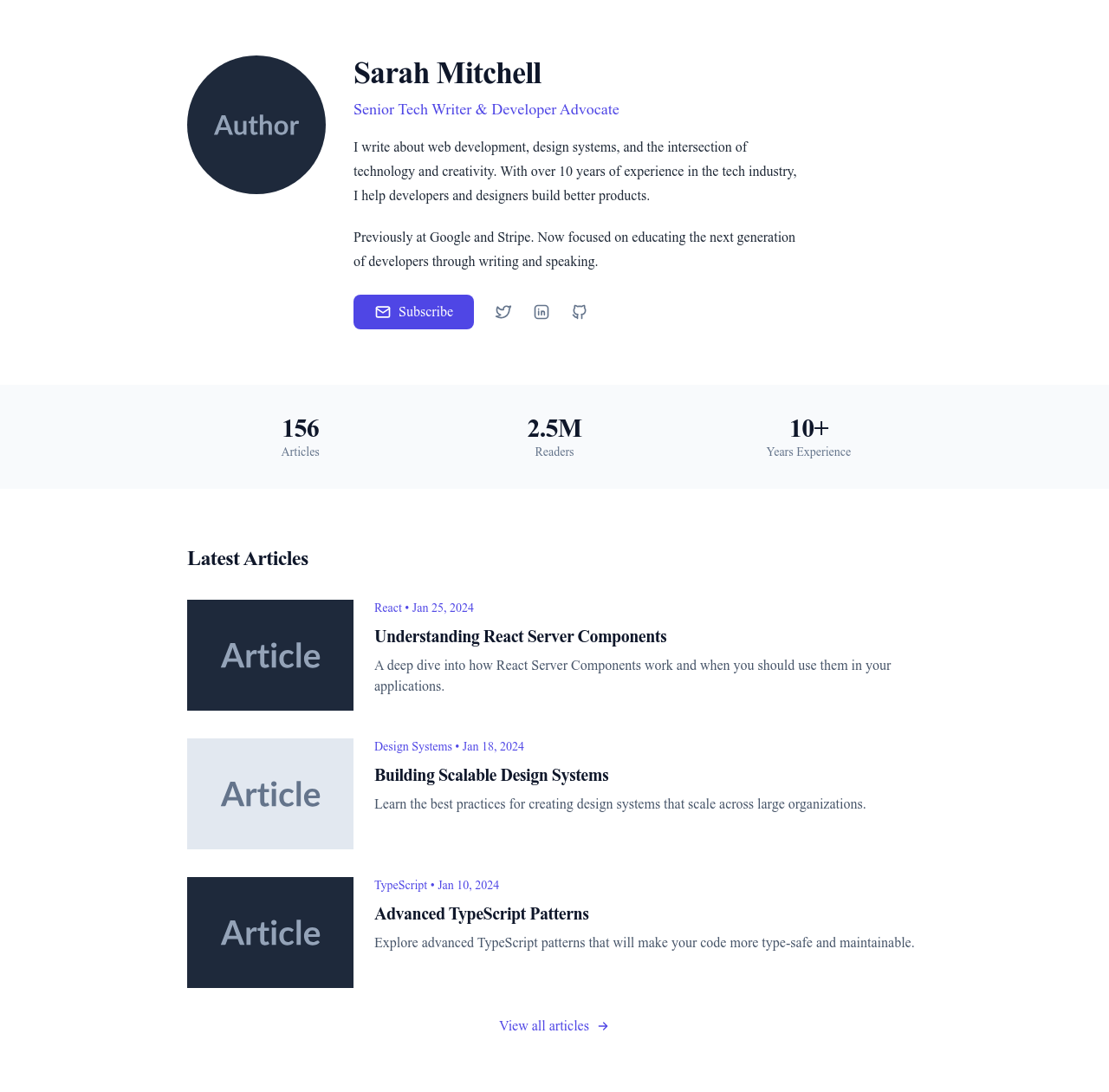 Screenshot of Author Profile page template