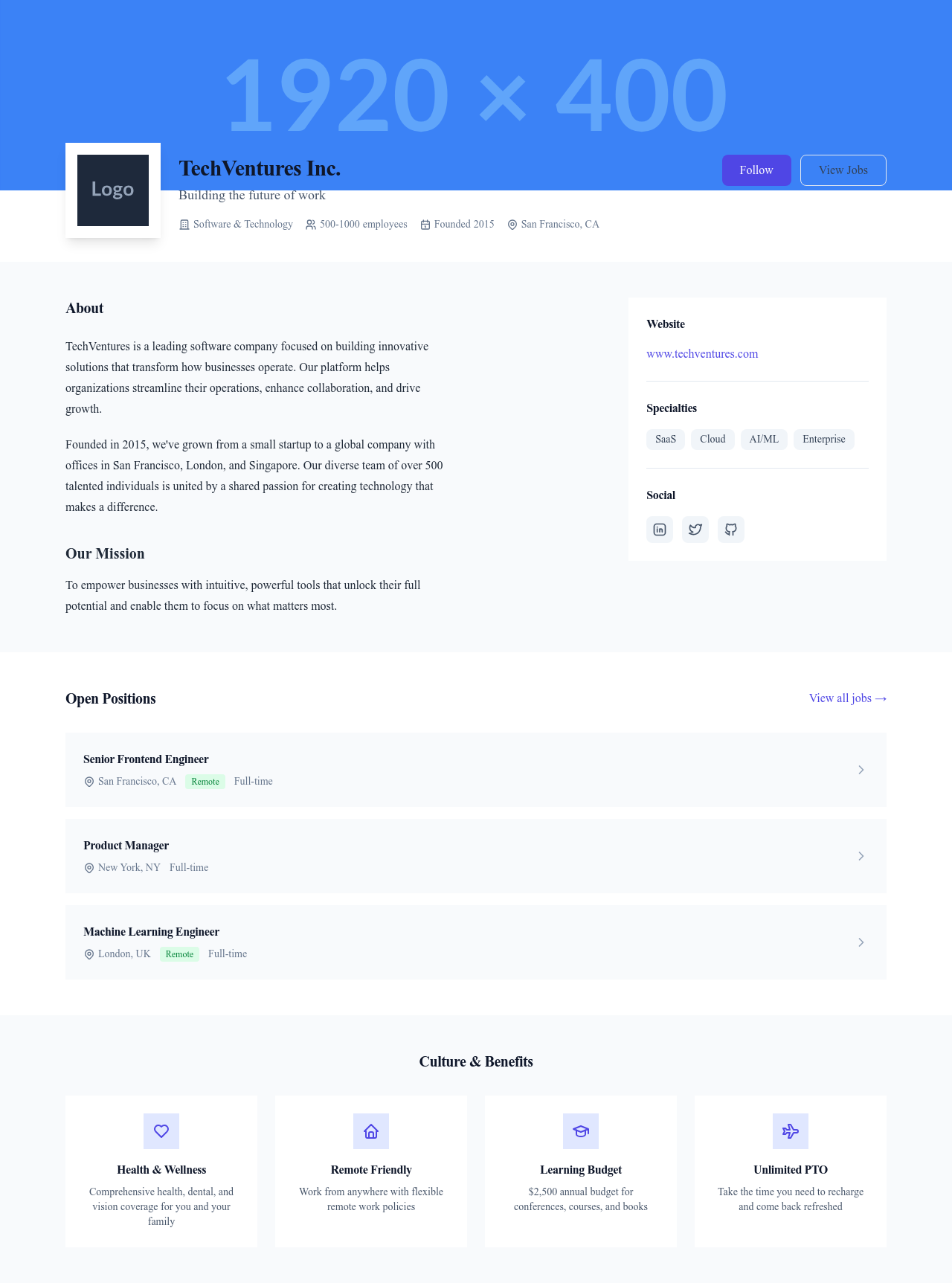 Screenshot of Company Profile page template