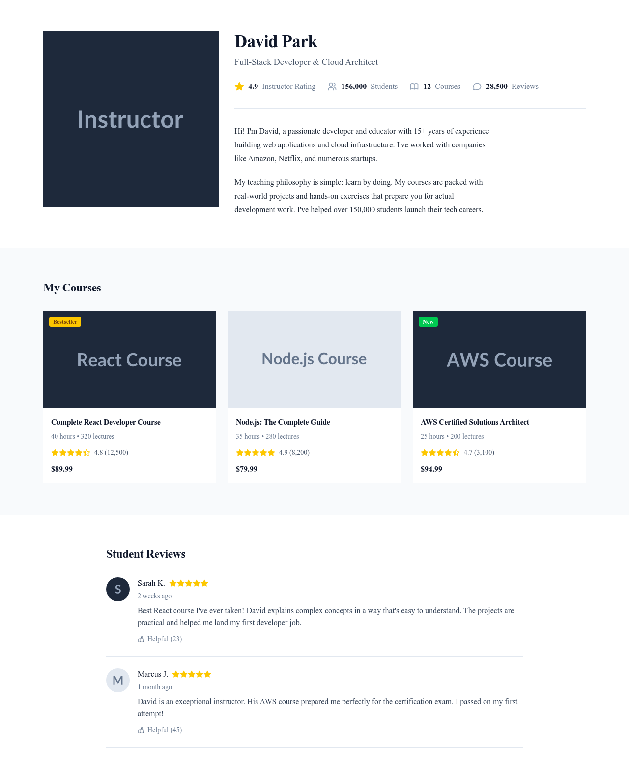 Screenshot of Instructor Profile page template