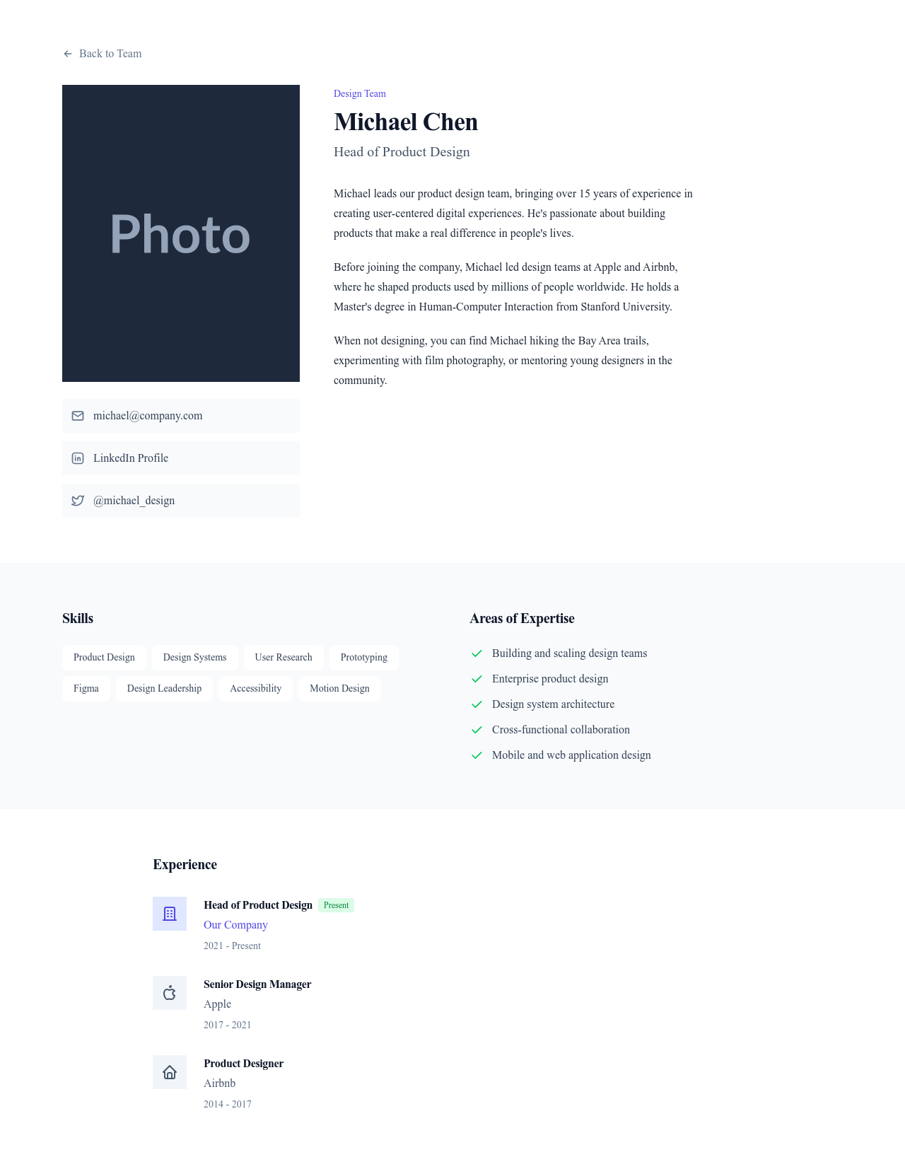 Screenshot of Team Member Profile page template