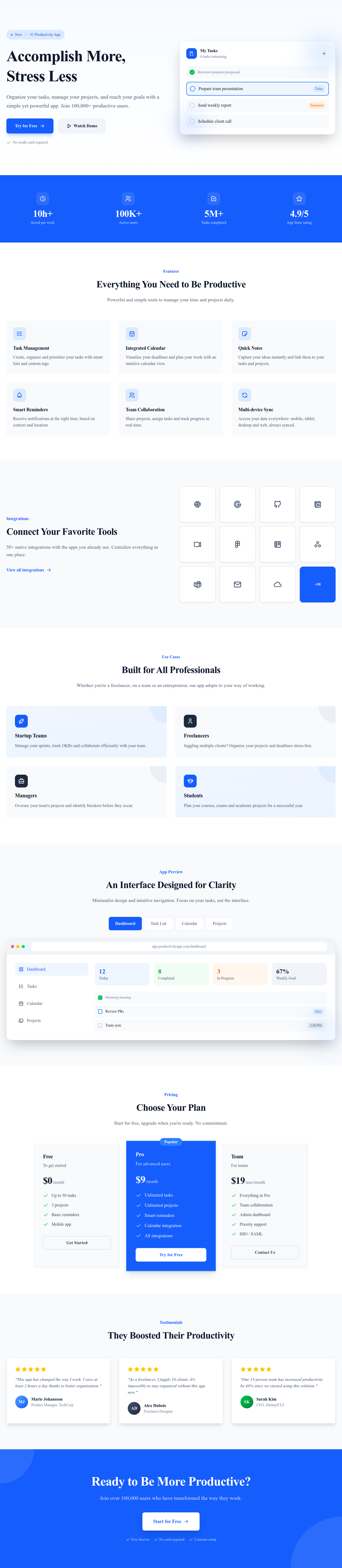 Screenshot of Productivity App page template
