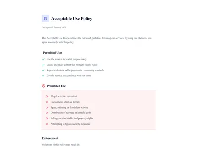 Screenshot of Acceptable Use page template