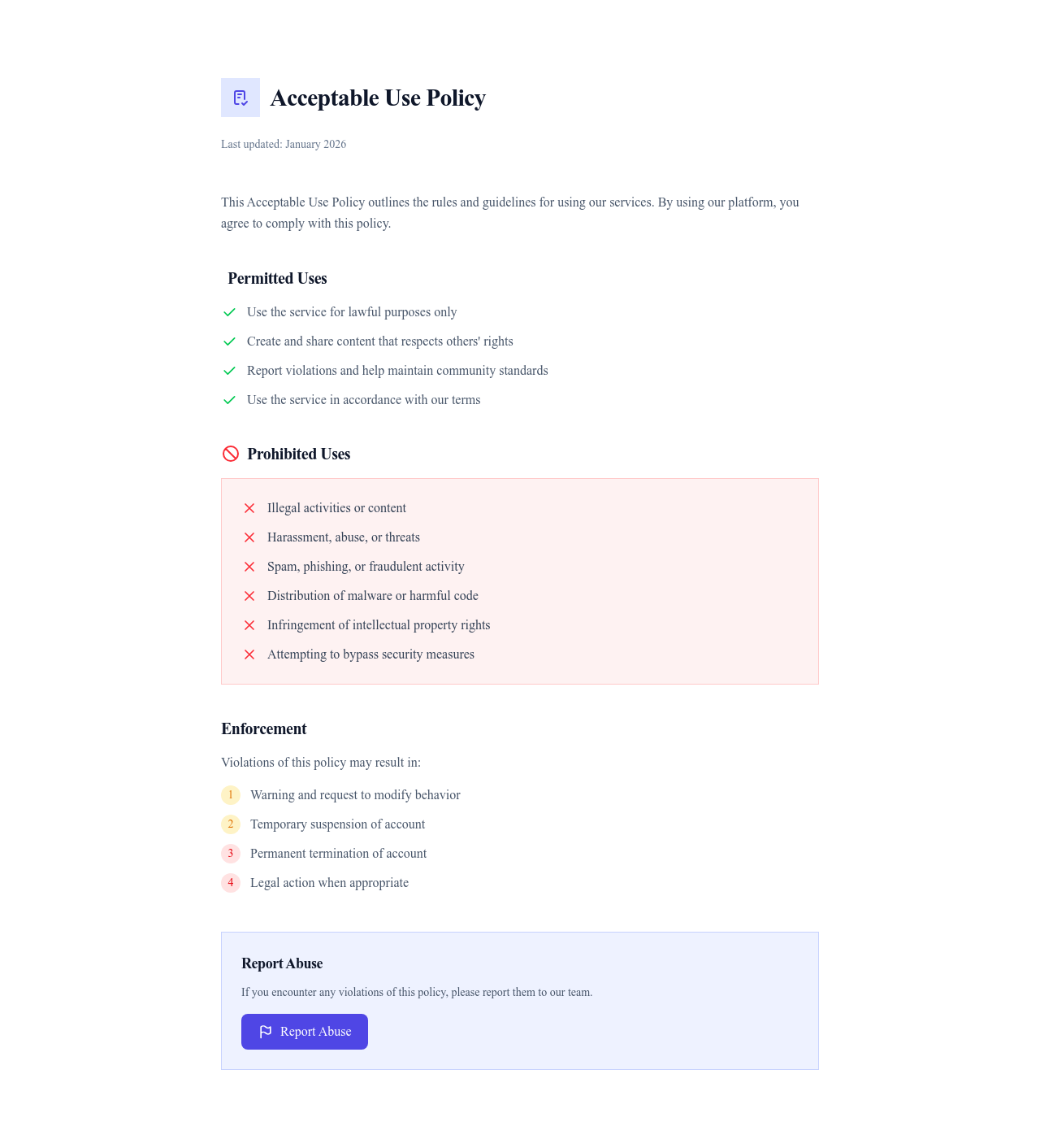 Screenshot of Acceptable Use page template