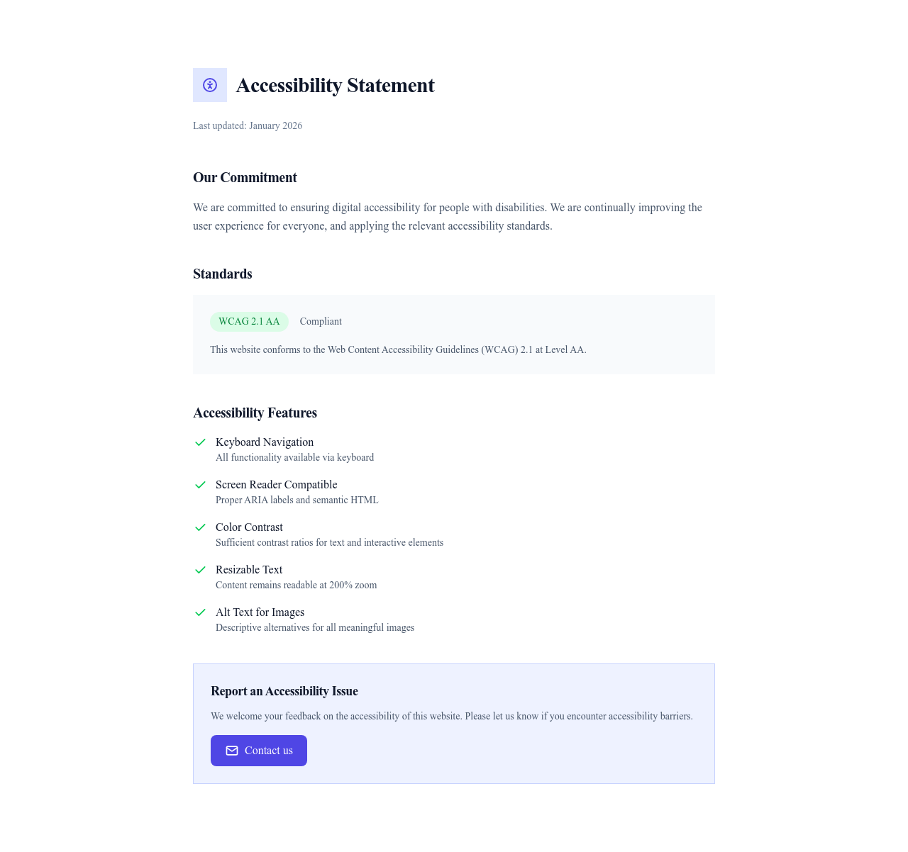 Screenshot of Accessibility page template