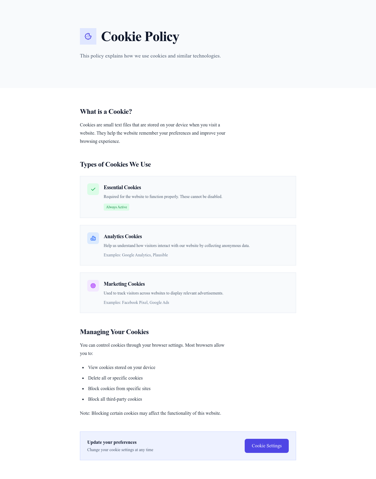 Screenshot of Cookie Policy page template