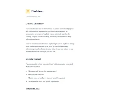 Screenshot of Disclaimer page template