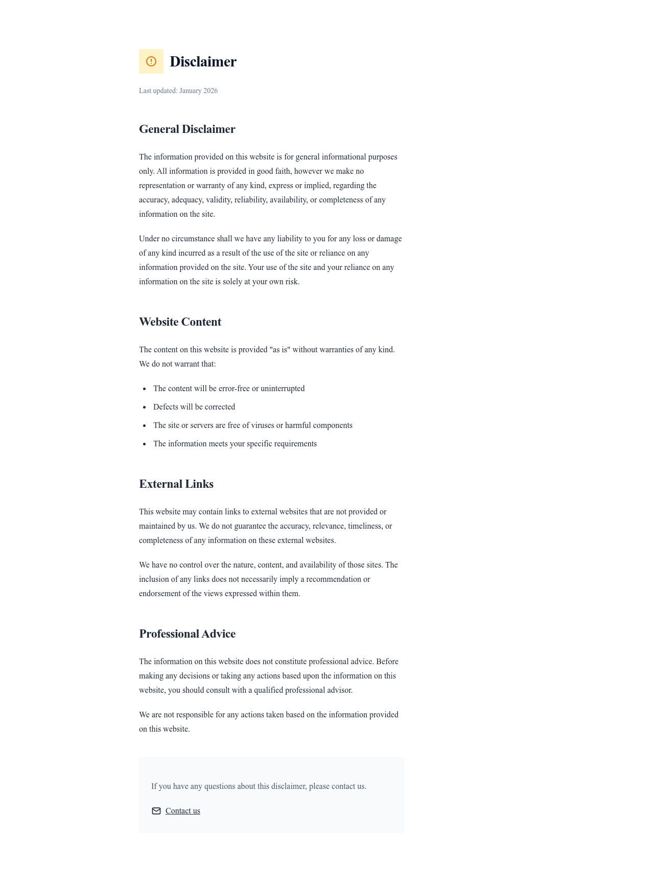Screenshot of Disclaimer page template