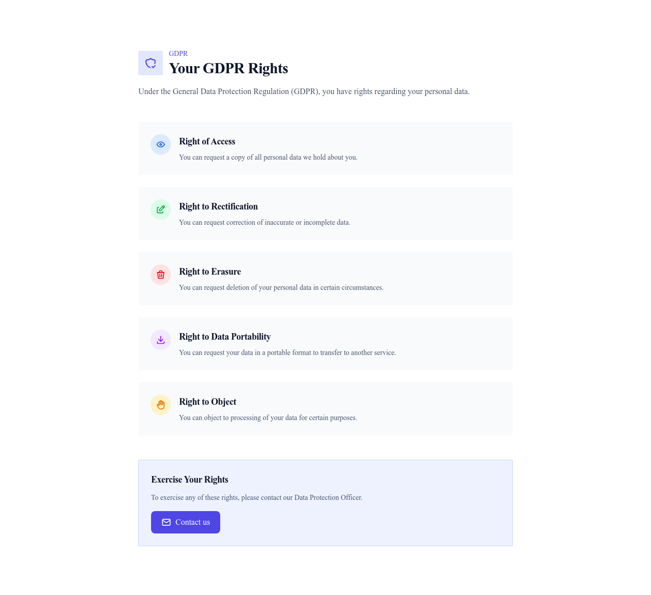 Screenshot of GDPR Rights page template