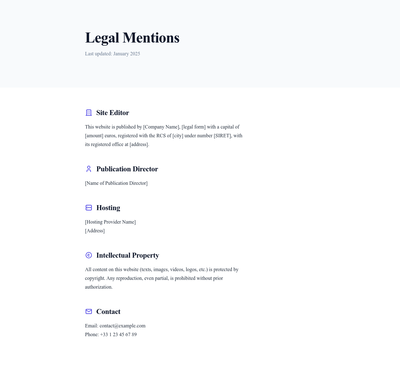 Screenshot of Legal Mentions page template