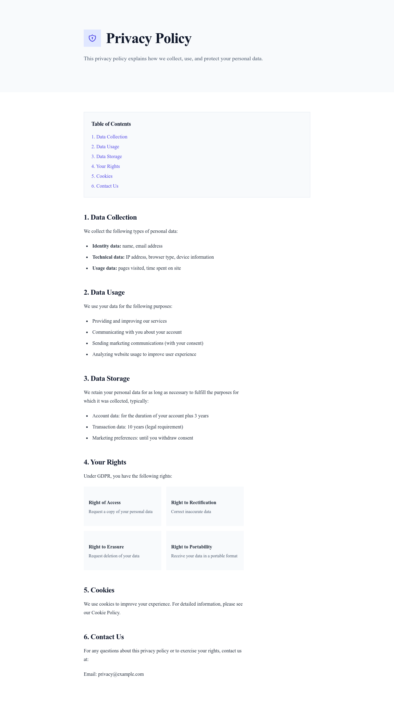 Screenshot of Privacy Policy page template