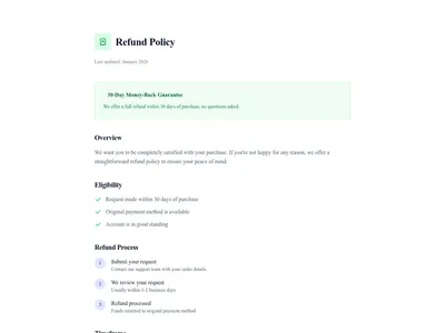 Screenshot of Refund Policy page template