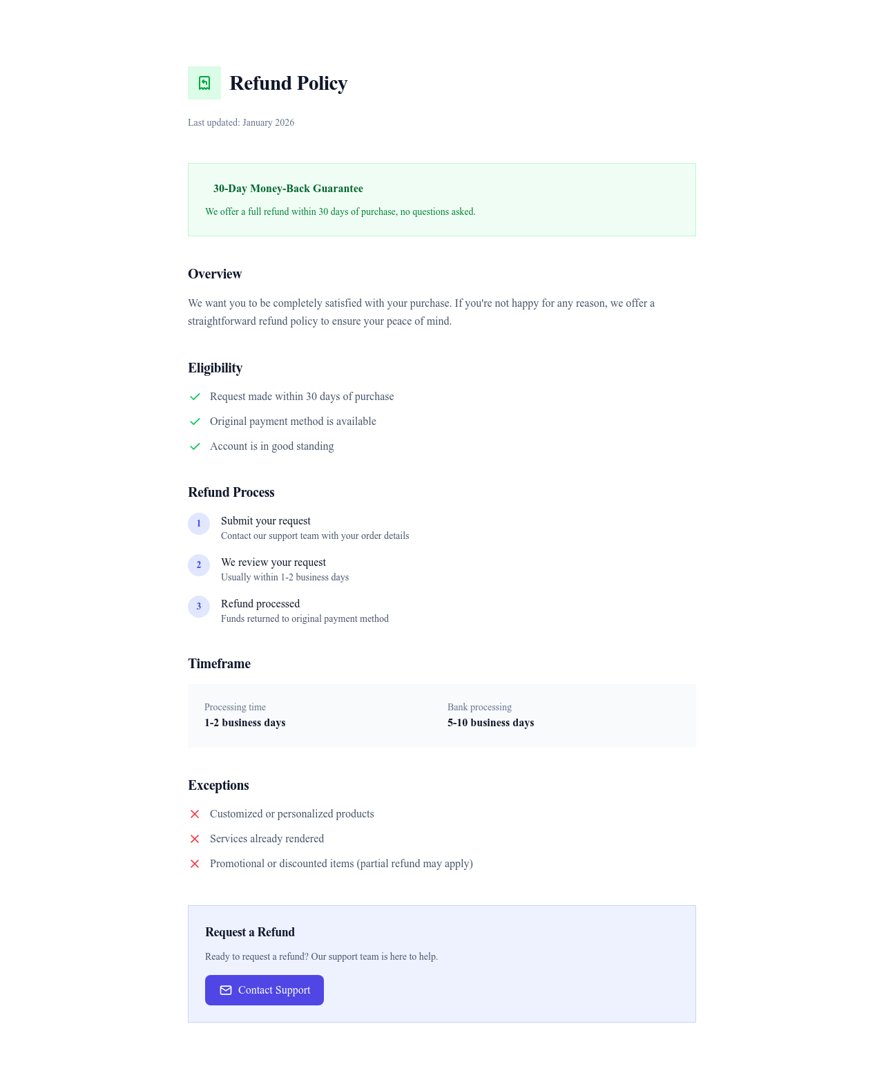 Screenshot of Refund Policy page template