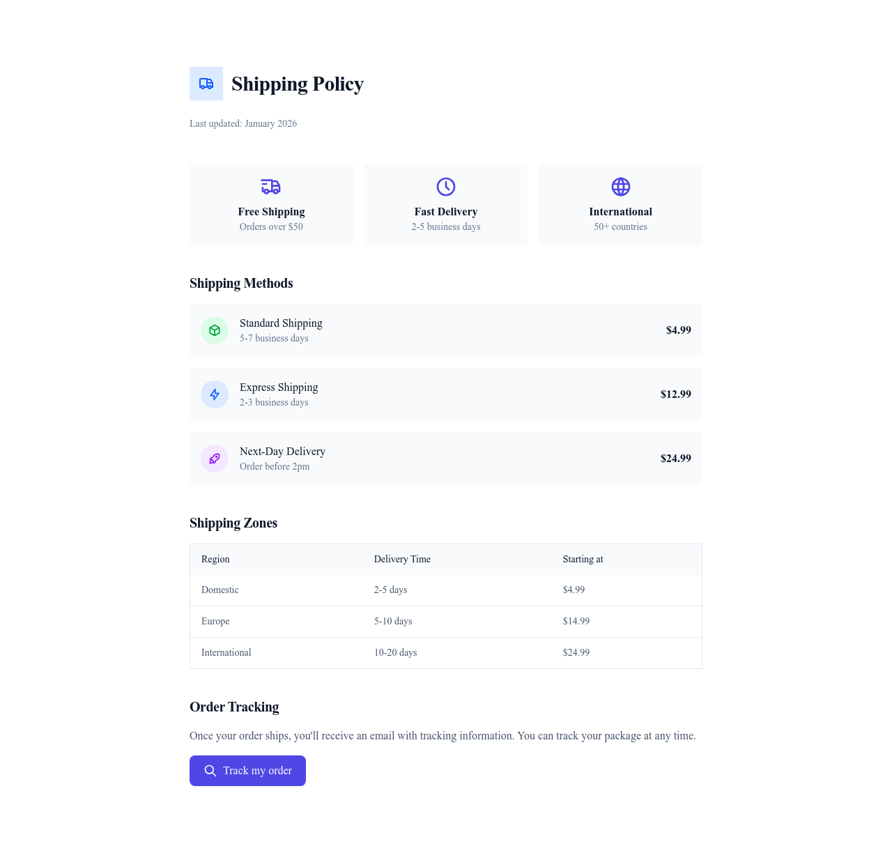 Screenshot of Shipping Policy page template