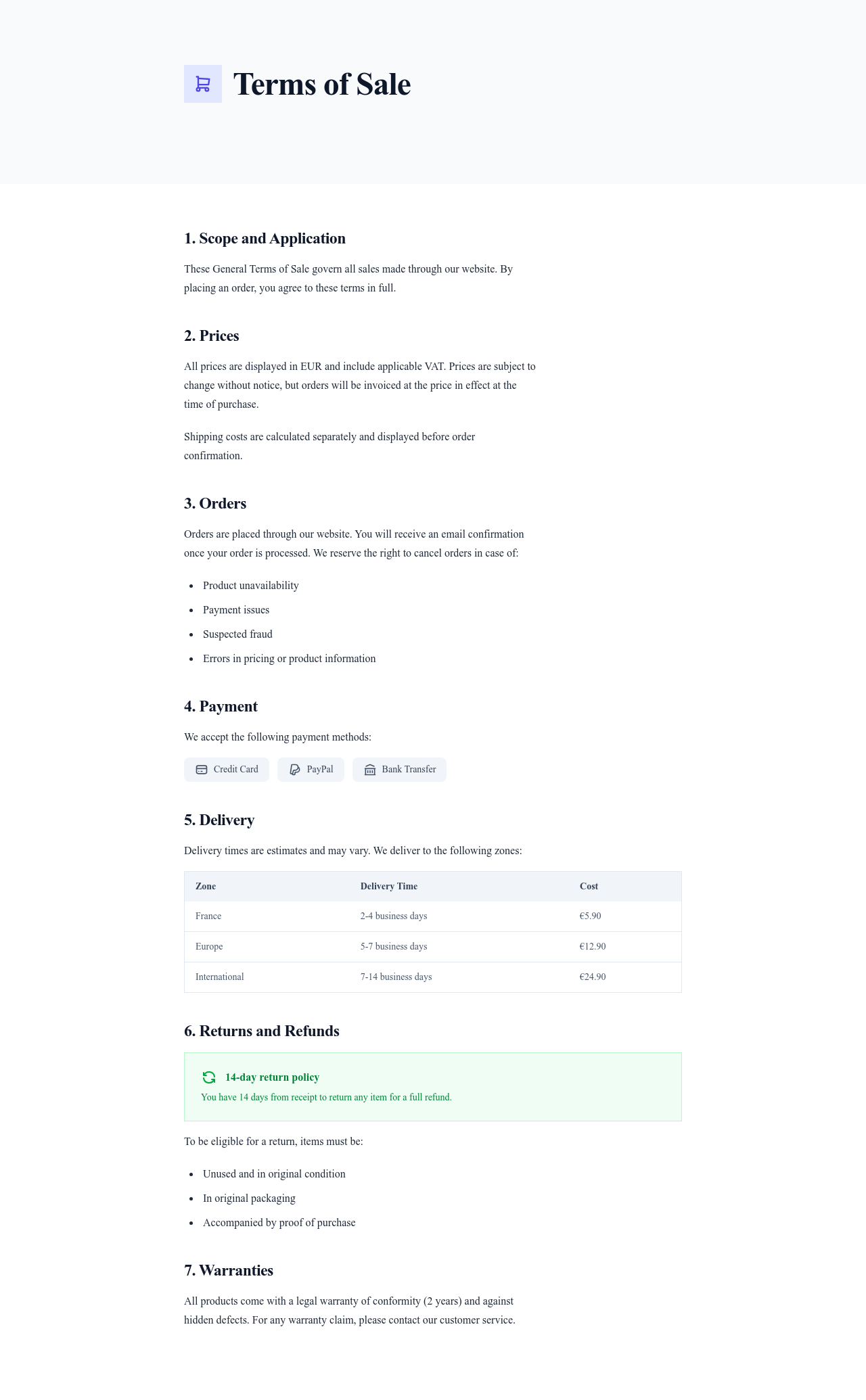 Screenshot of Terms of Sale page template