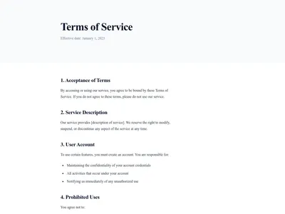 Screenshot of Terms of Service page template