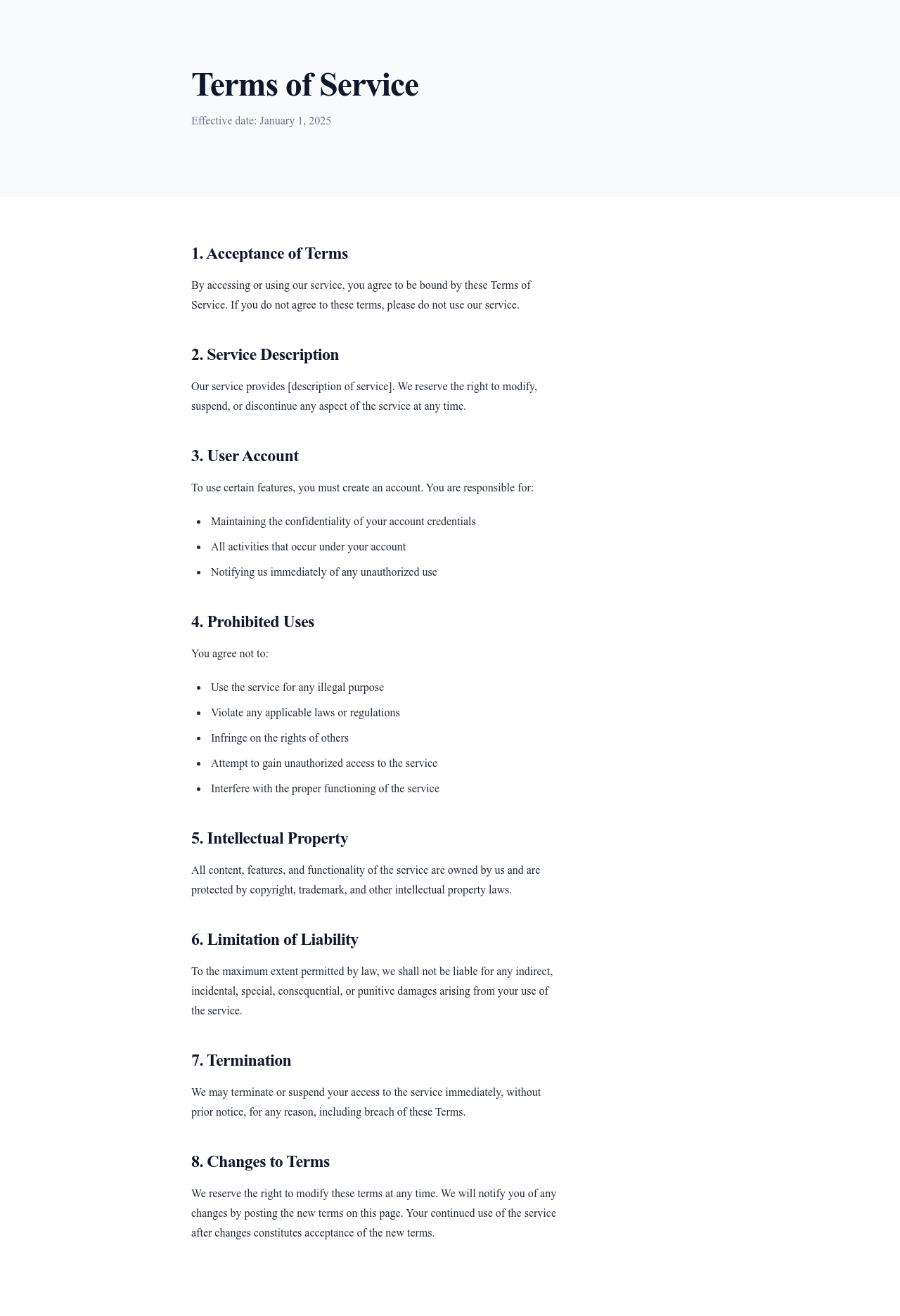 Screenshot of Terms of Service page template