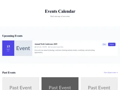 Screenshot of Events Calendar page template