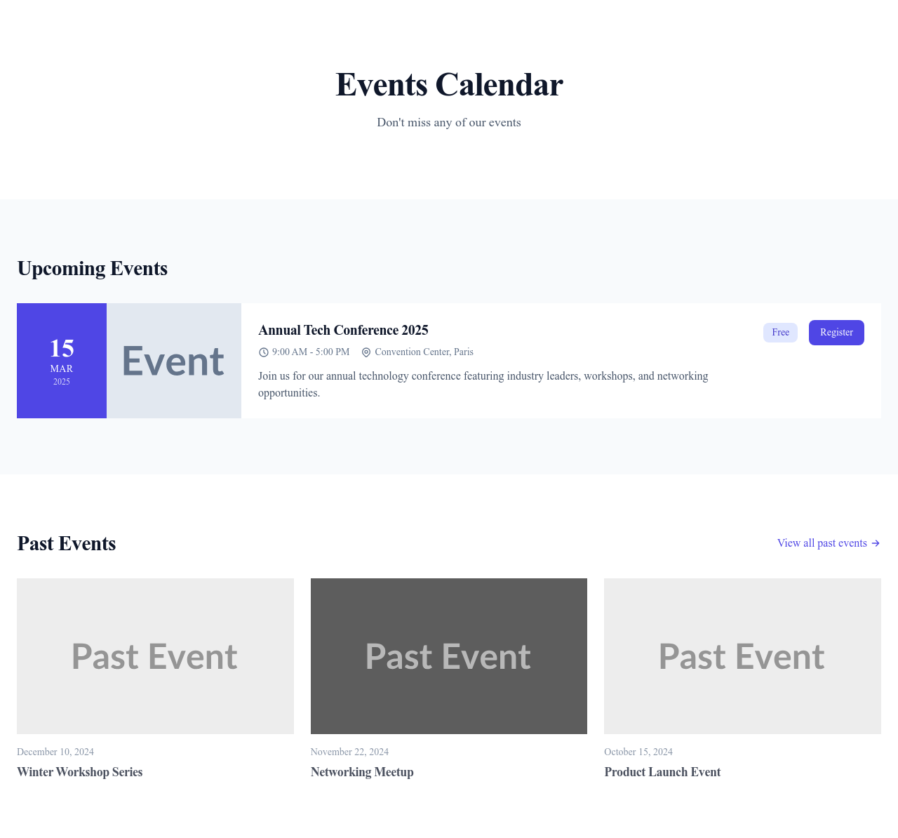 Screenshot of Events Calendar page template