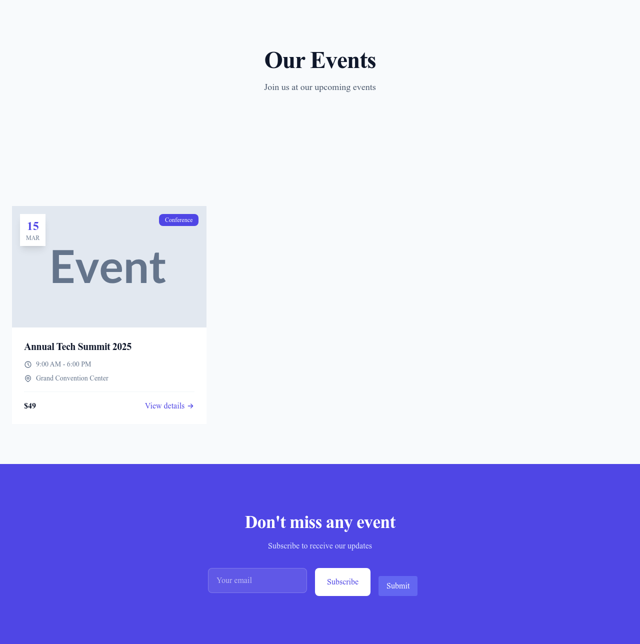 Screenshot of Events Cards page template