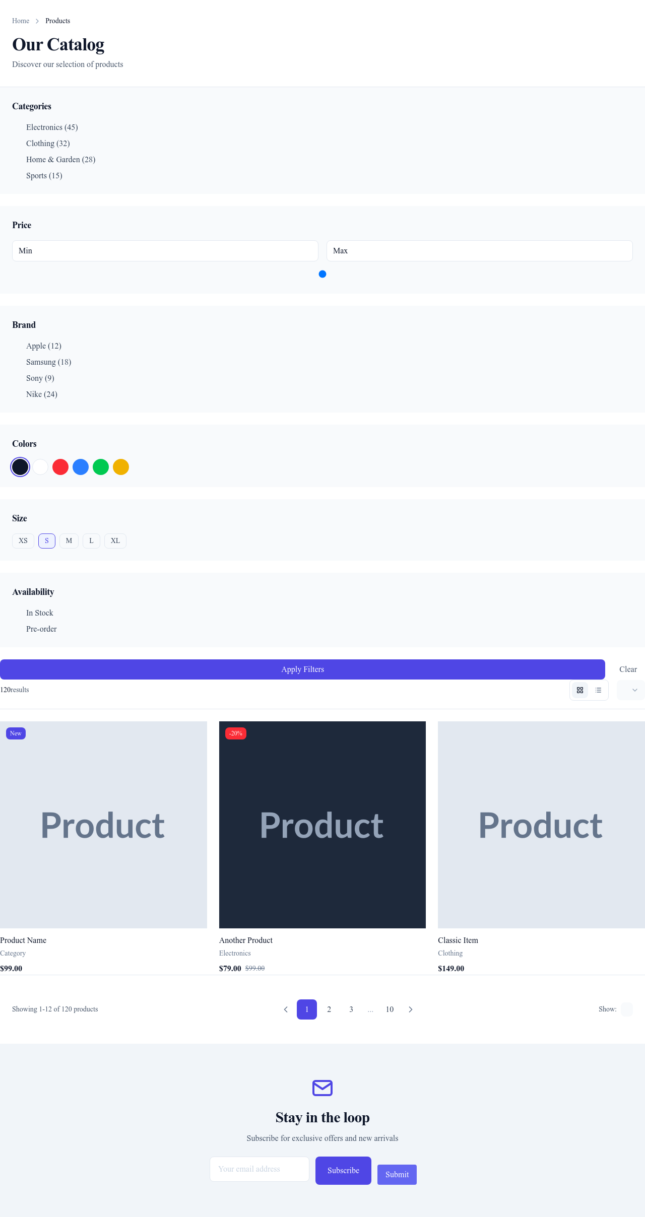 Screenshot of Product Catalog page template
