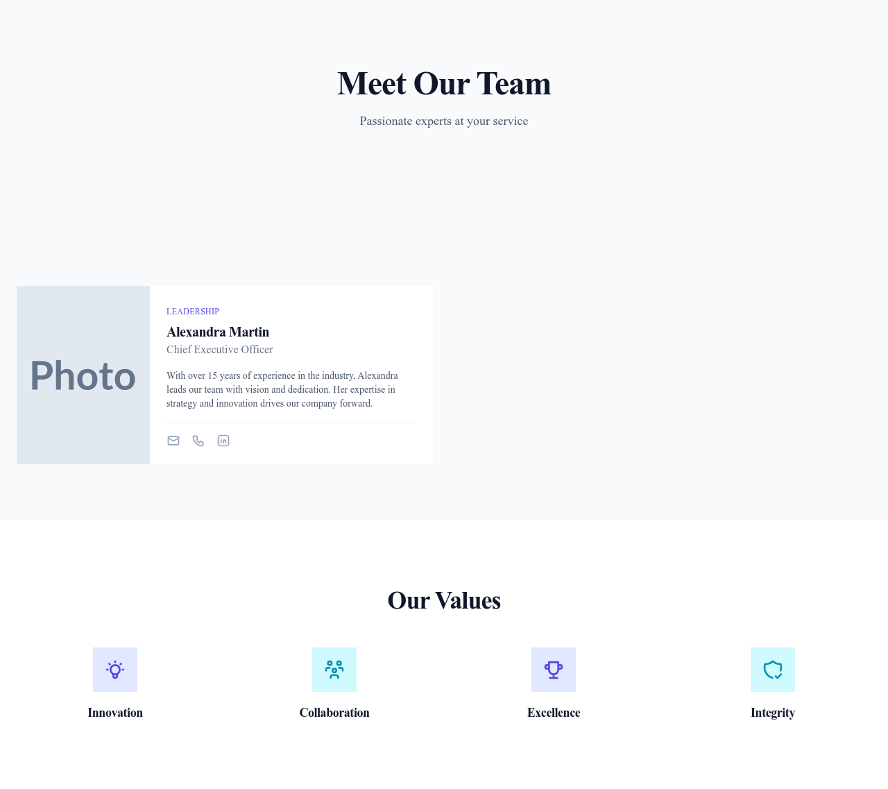Screenshot of Team Cards page template