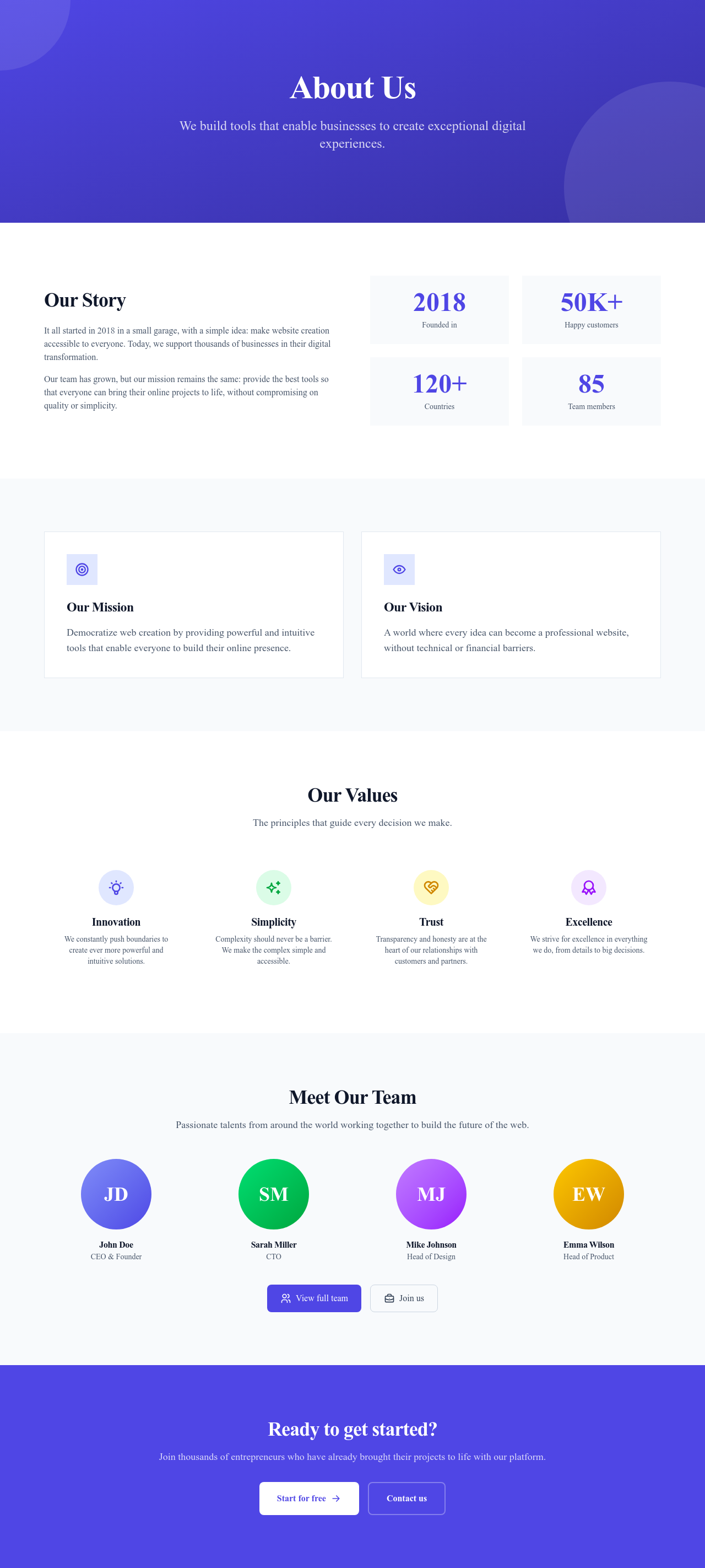 Screenshot of About Us page template
