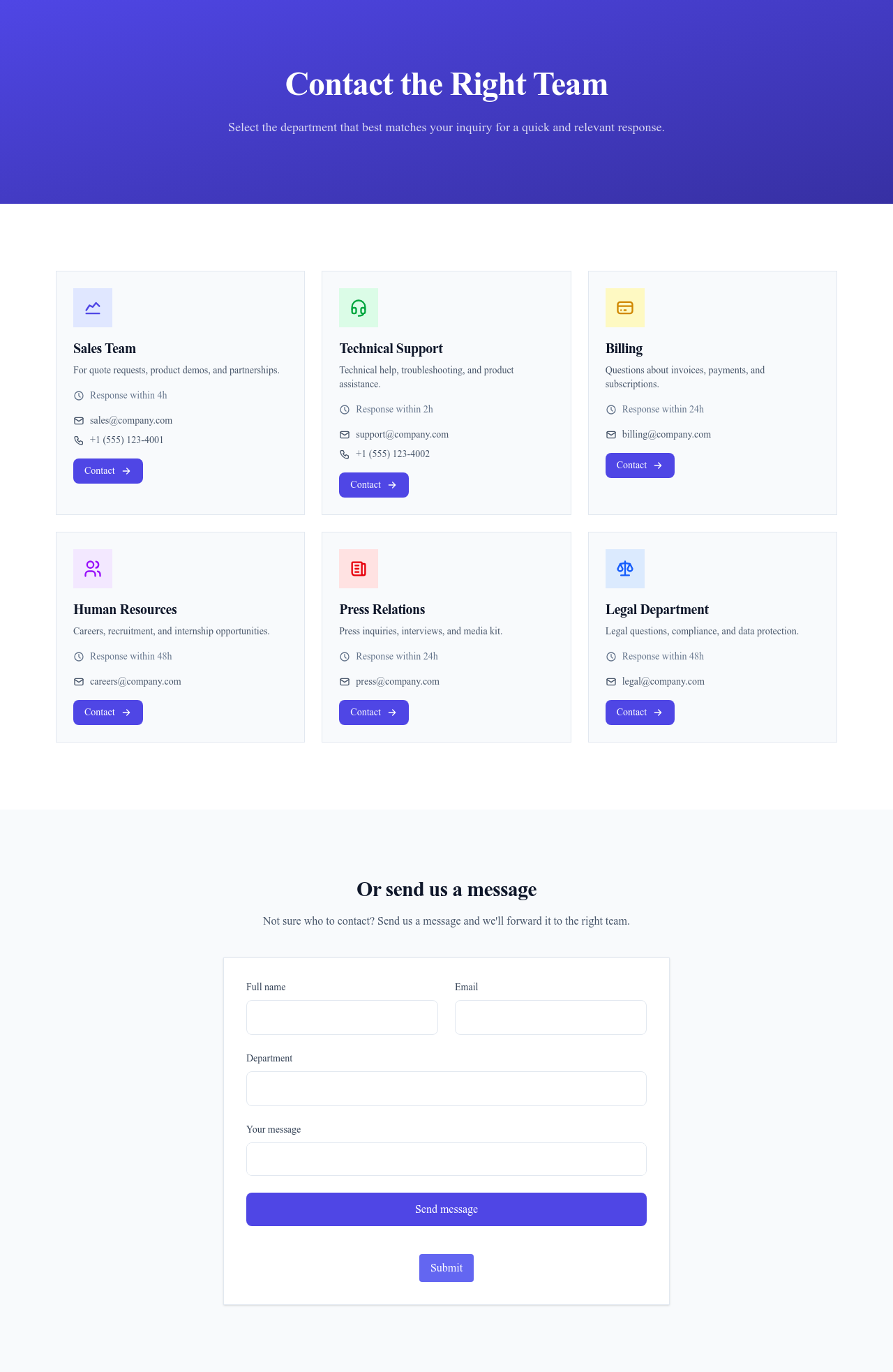 Screenshot of Contact Team Members page template