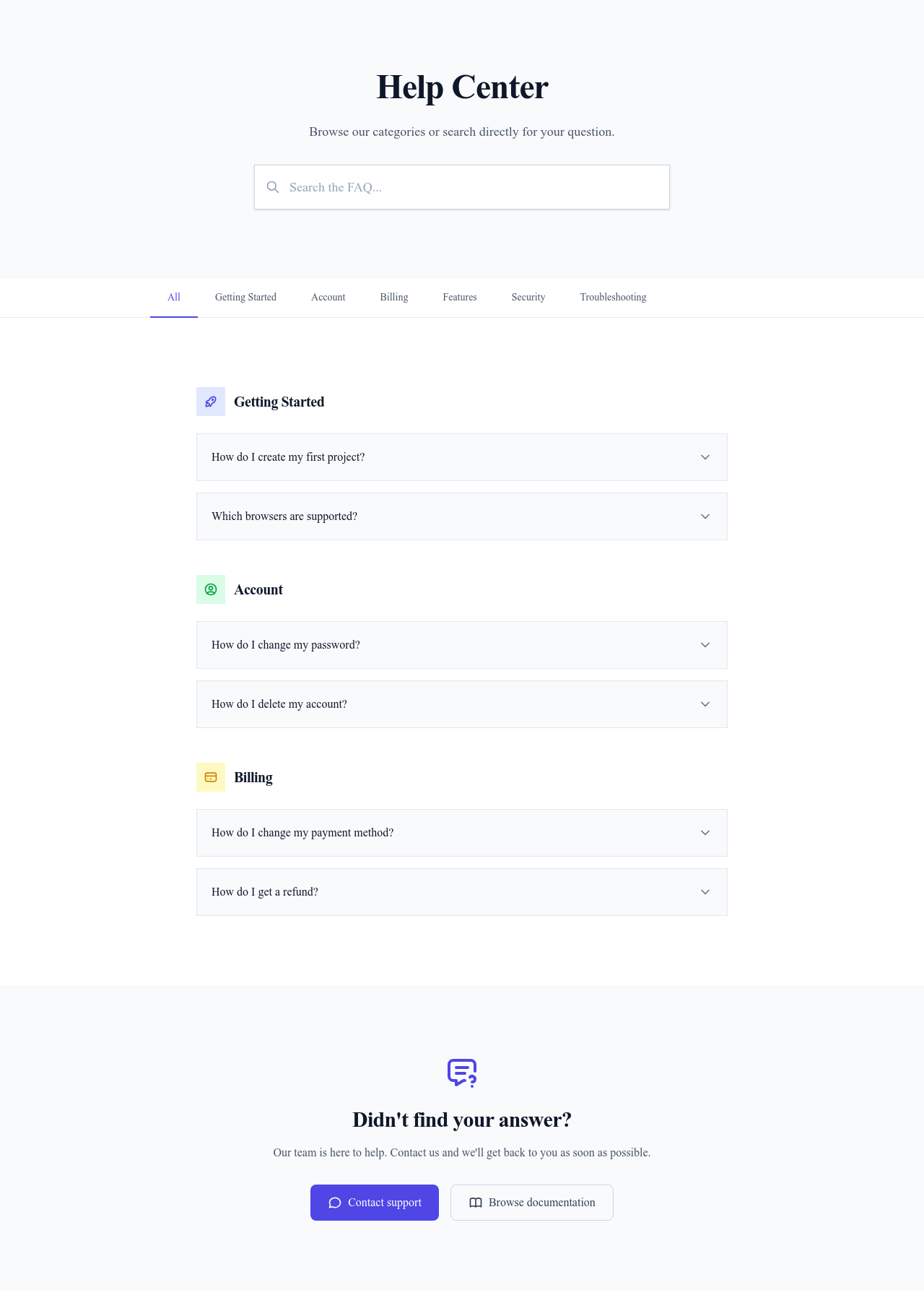 Screenshot of FAQ with Categories page template