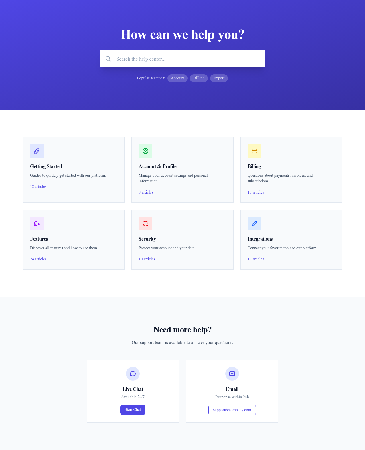 Screenshot of Help Center page template