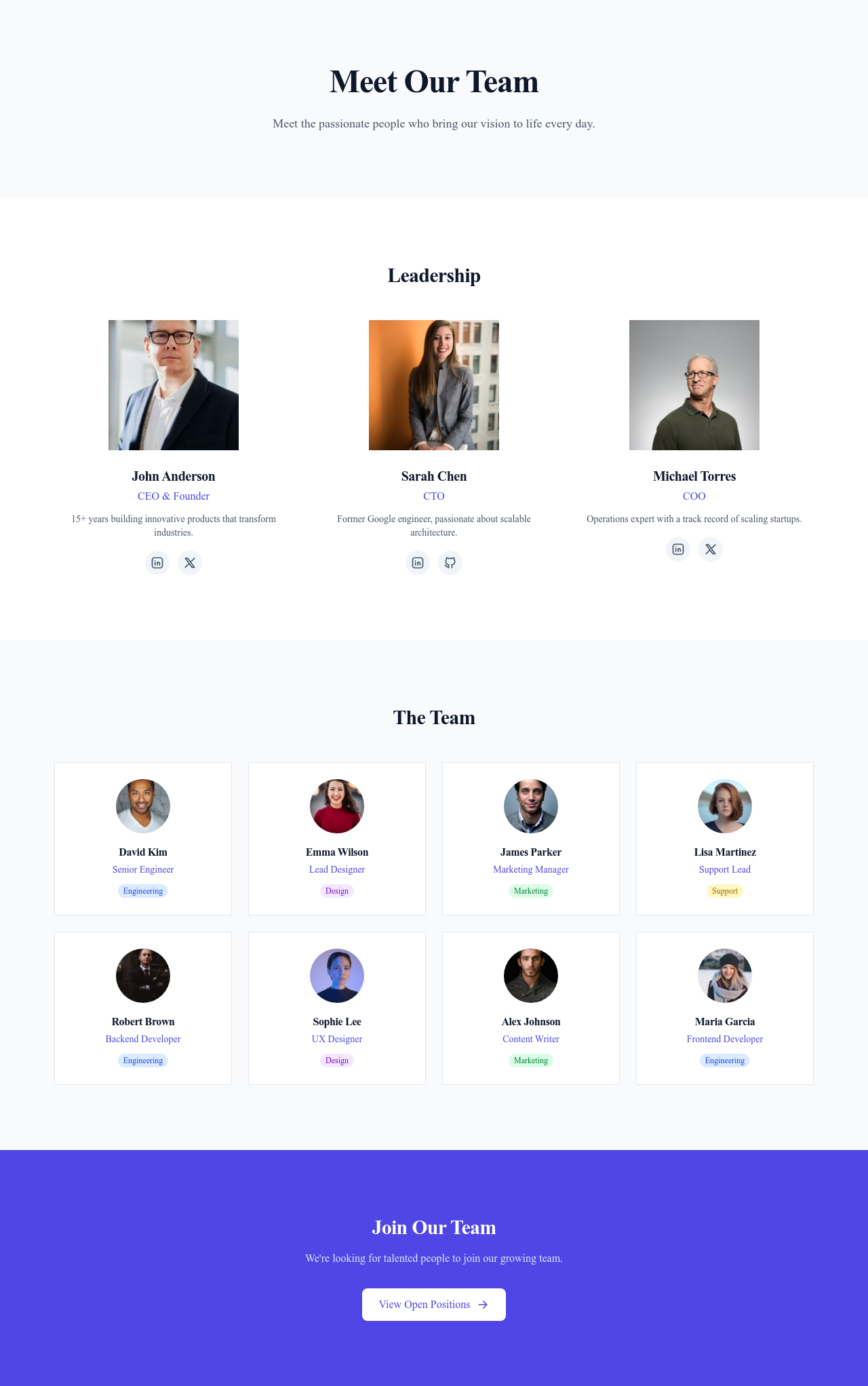 Screenshot of Our Team page template