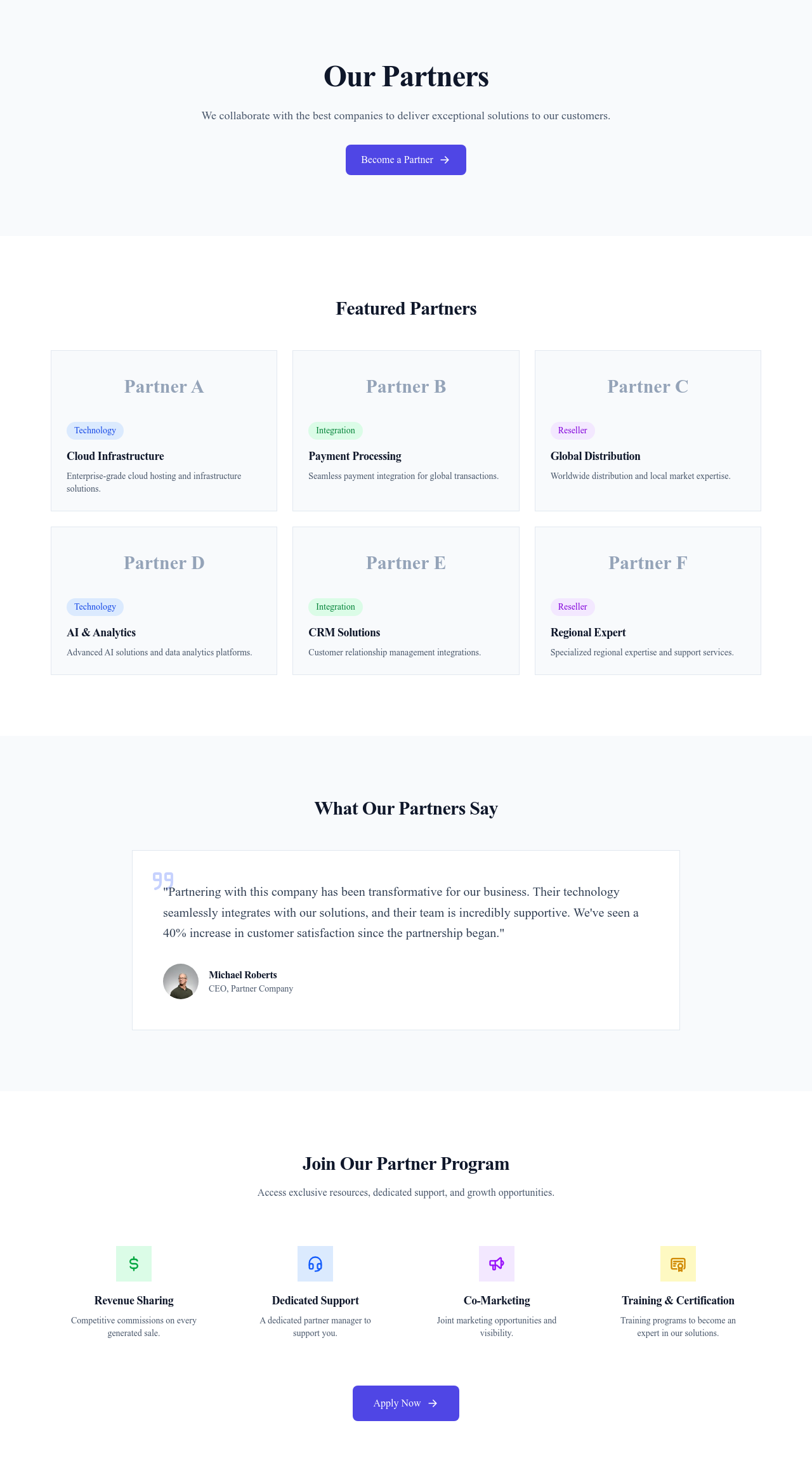 Screenshot of Partners page template