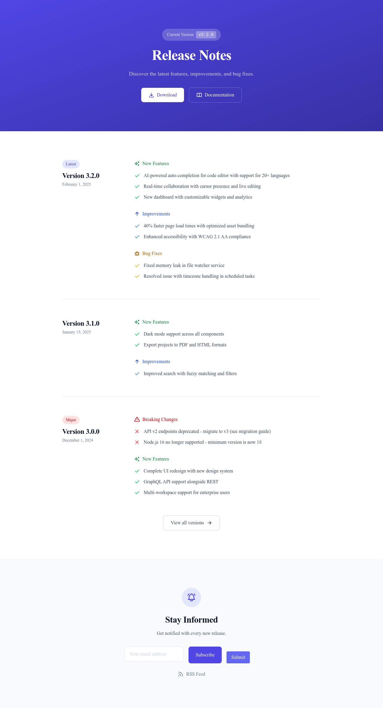 Screenshot of Release Notes page template