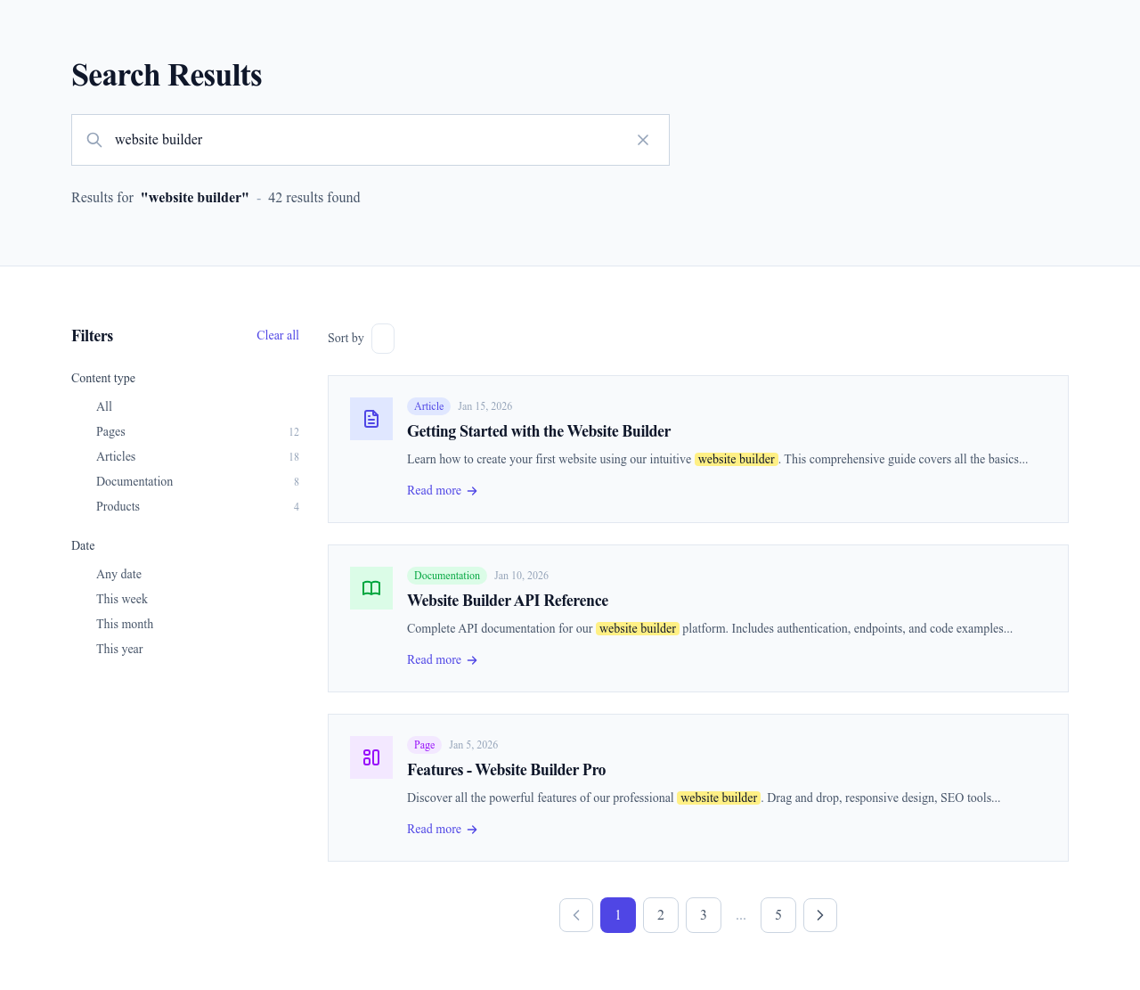 Screenshot of Search Results page template